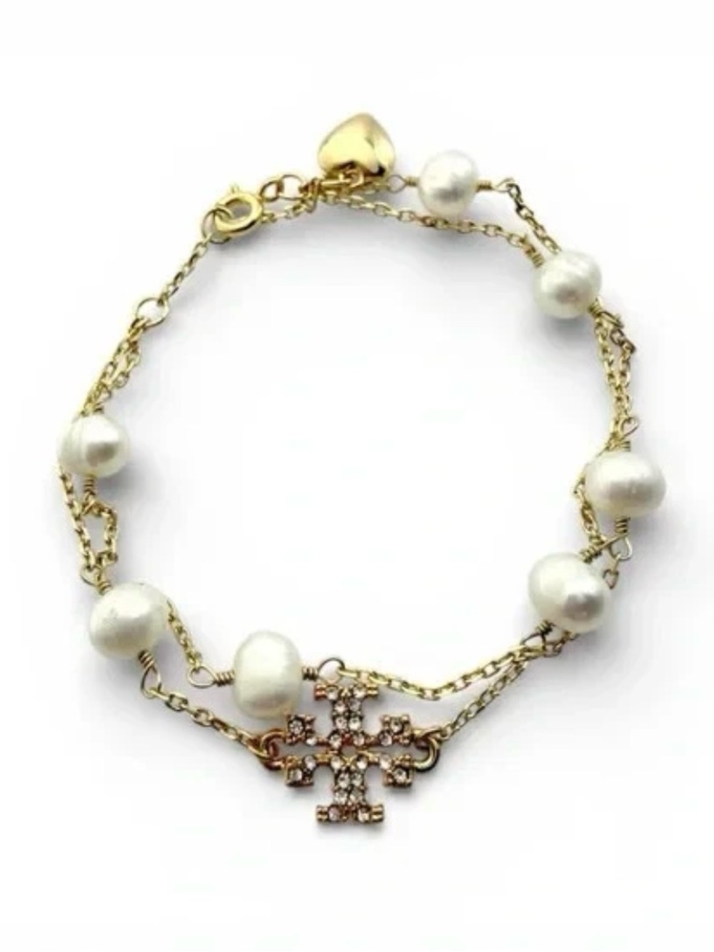 Tory Burch Gold-Tone Pearl Bracelet with Crystal Logo Charm